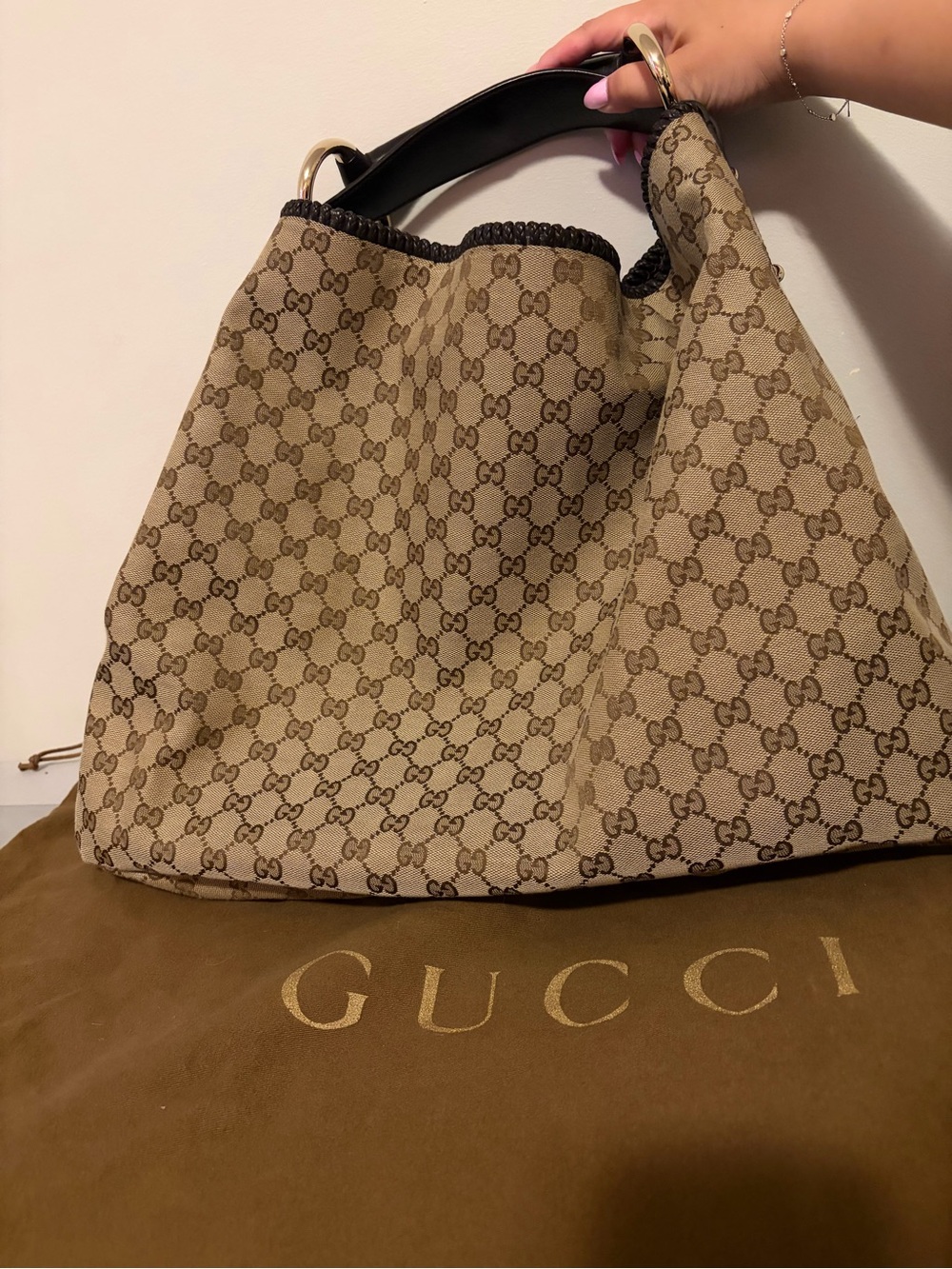 Gucci Brown/Beige GG Canvas Large Horsebit Hobo Bag